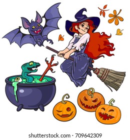  Set of Halloween cartoon characters and objects. Little witch flying on broom stick, vampire bat, cauldron, serpent, eyeball, bird claw, pumpkins.Hand drawn vector illustration isolated on white.