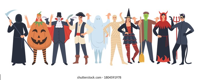 Set of Halloween cartoon characters: pumpkin, vampire, death, ghost,  witch, Frankenstein, pirate, devil, catwoman. Halloween party. Vector  cartoon  illustration.