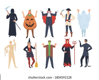 Set of Halloween cartoon characters: pumpkin, vampire, death, ghost,  witch, Frankenstein, pirate, devil, catwoman. Halloween party. Vector  cartoon  illustration.