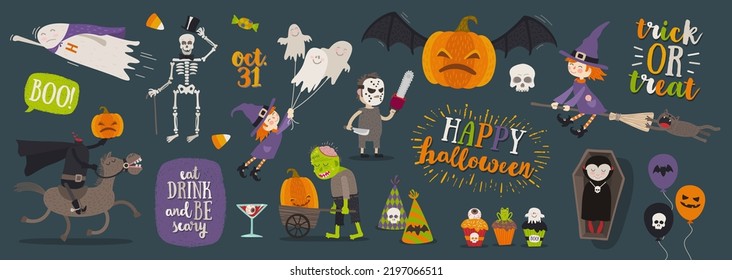 Set of halloween cartoon characters, symbol, objects and items. Vector illustration.