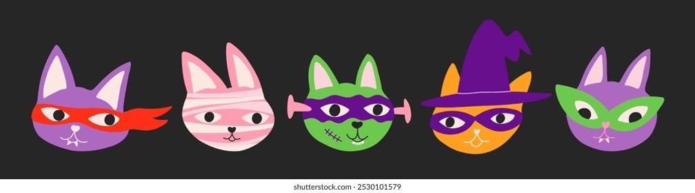 Set of Halloween cartoon cute cats in costumes. Hand drawn Vector illustration with cartoon elements for sticker, banner.