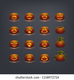 Set of halloween cartoon darken pumpkin with burning eyes and different emotions isolated on dark background. Vector illustration.