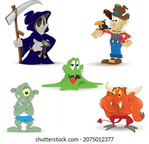 a set of halloween cartoon drawings. a grim reaper, scare crow, slime monster, cyclops and a demon