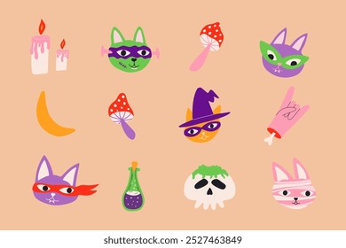 Conjunto de Elementos de dibujos animados de Halloween. Criaturas divertidas lindas. Ilustración vectorial dibujada a mano con Elementos de dibujos animados para pegatina, Anuncio, infantil.