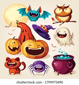 Set of Halloween cartoon elements. Vector illustration