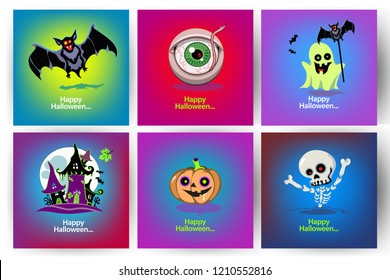 Set Halloween cartoon greeting cards. Halloween character / Vector illustration