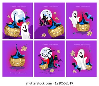 Set Halloween cartoon greeting cards. Halloween character / Vector illustration