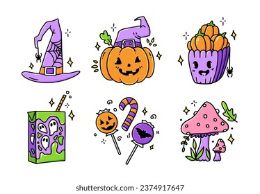 Set Halloween cartoon hand drawn stickers. Collection of graphic elements pumpkin, witch hat, mushrooms, popcorn, candy, juice. Vector party  illustration.