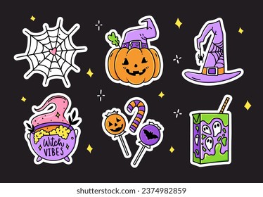 Set Halloween cartoon hand drawn stickers. Collection of graphic elements on a black background: pumpkin, spider web, witch hat, cauldron witch, candy, juice. Vector party  illustration.