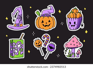Set Halloween cartoon hand drawn stickers. Collection of graphic elements on a black background: pumpkin, witch hat, mushrooms, popcorn, candy, juice. Vector party  illustration.