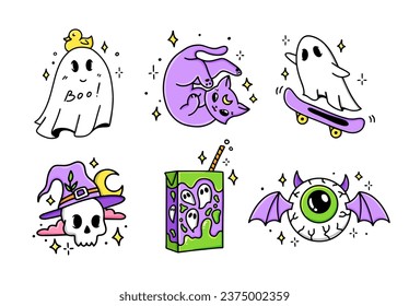 Coloca los stickers dibujados a mano en Halloween. Colección de elementos gráficos: gato, cráneo, jugo, globo ocular murciélago, fantasma. Ilustración de la fiesta del vector.