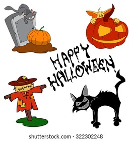 Set of Halloween cartoon illustrations isolated on white. Cat on a grave stone, funny goblin hiding behind a huge pumpkin, scarecrow, black cat.