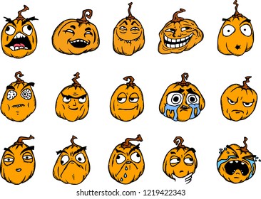 Set of Halloween cartoon memes in color. Pumpkins with scary faces on white.