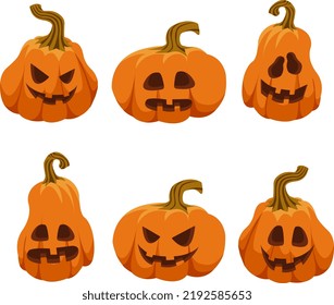 Set of Halloween cartoon orange pumpkins isolated icons. Trick or treat party invitation. Pumpkin lantern monsters