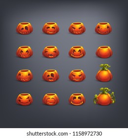Set of halloween cartoon pumpkin with of different emotions isolated on dark background. Vector illustration.