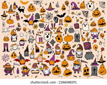 set for Halloween in cartoon style in orange   purple  hand  drawn in the style doodle Gnomes  ghost  candy  hat  bowler hats  cobwebs  spiders  gnome  pumpkin and face  bat