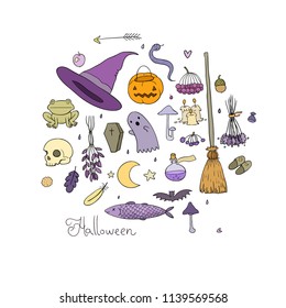 Set for Halloween  in cartoon style. Pumpkin, hat, coffin and skull