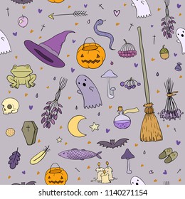 Set for Halloween in cartoon style. Pumpkin, hat, coffin and skull