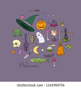 Set for Halloween in cartoon style. Pumpkin, hat, coffin and skull