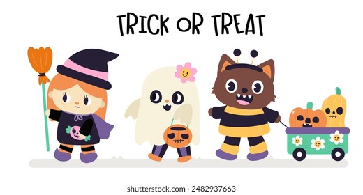 Set of Halloween cartoon witch girl ghost clipart and fox with pumpkins Groovy. Series: Retro kawaii drawing (trick or treaters) Kids party. Perfect make a wish for background, greeting card, pattern.