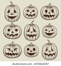 Set of Halloween carved faces pumpkins hand drawn sketh vector vintage illustration on white background.