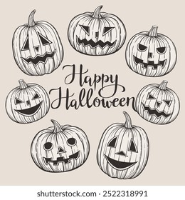 Conjunto de faces esculpidas de Halloween abóboras desenhado à mão vetor vintage ilustração sobre fundo branco.