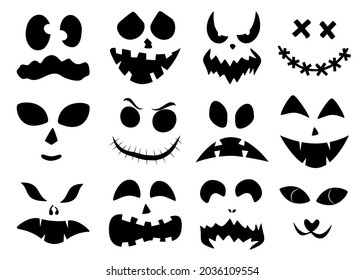 Set of Halloween carved faces silhouettes. Black elements for decorating pumpkins. template with eyes, mouths and noses for jack lantern. Vector illustration