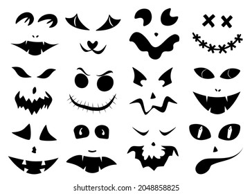 Conjunto de siluetas de rostros tallados de Halloween. Elementos negros para decorar calabazas. plantilla con ojos, bocas y narices para jack lantern. Ilustración del vector