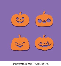 Set of Halloween carved pumpkins. Flat style, vector cute spooky design.