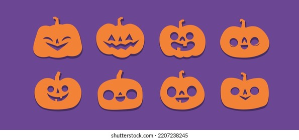 Conjunto de calabazas talladas en Halloween. Estilo plano, vector lindo diseño espeluznante.