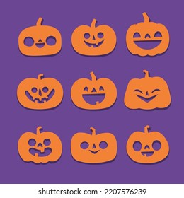 Set of Halloween carved pumpkins. Flat style, vector cute spooky design.