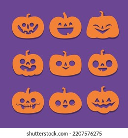 Set of Halloween carved pumpkins. Flat style, vector cute spooky design.