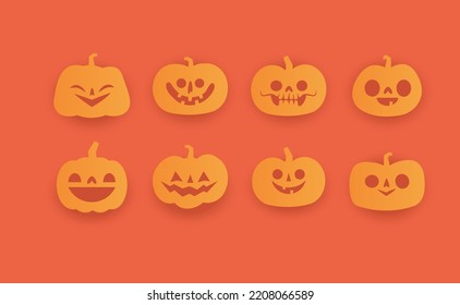 Set of Halloween carved pumpkins. Flat style, vector cute spooky design.