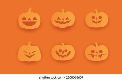Conjunto de calabazas talladas en Halloween. Estilo plano, vector lindo diseño espeluznante.