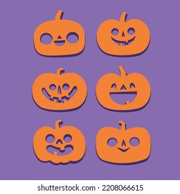 Set von Halloween geschnitzten Kürbis. Flacher Stil, süßes, Vektorgrafik-skurriles Design.