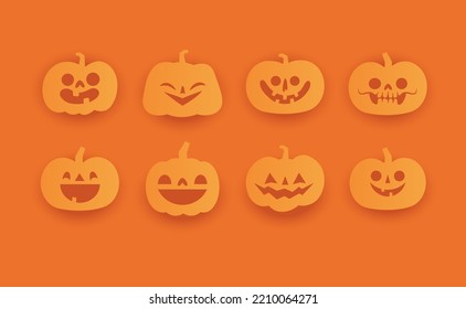 Set of Halloween carved pumpkins. Flat style, vector cute spooky design.