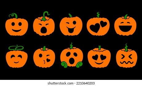 Set of Halloween carving pumpkins. Emoji icons. Emotional smiles of funny vegetables. Isolated. Carved pumpkin. Vector illustration.