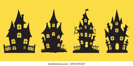 Set of Halloween Castle, Spooky Haunted Houses Silhouettes on Yellow Background