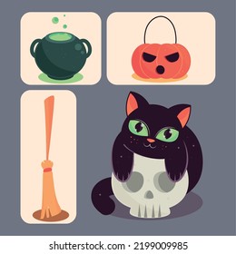 set halloween cat and skull