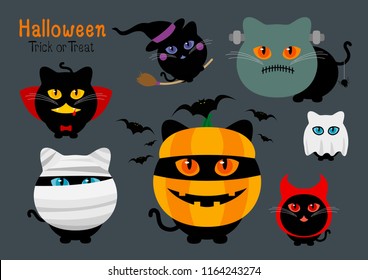 Set of halloween cats costume vector illustration