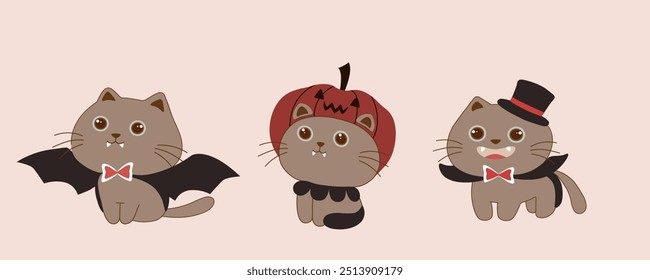 Conjunto de gatos de Halloween , Bela coleção de gatos com trajes de Halloween, Drácula, morcego , abóbora , vetor , ilustração