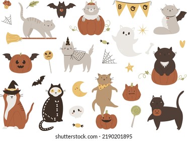 Set of Halloween cats in mascarade costumes, ghost, bat, pumpkins and other symbols