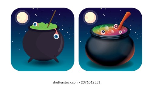 set of halloween cauldron vector icons with background ce a night with full moon