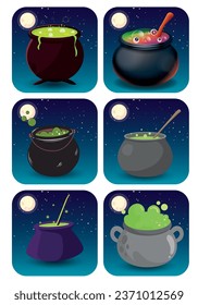 set of halloween cauldron vector icons with background  a night with full moon