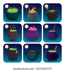 set of halloween cauldron vector icons with background  a night with full moon