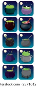set of halloween cauldron vector icons with background  a night with full moon
