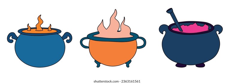 Set of Halloween cauldrons colored outline. Hand drawn witch cauldron. Vector illustraiton.