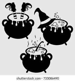 Set of a halloween cauldrons. Magic kettle with poison for Halloween. Witches cauldron with potion for illustration of magic, witchcraft. Symbol of halloween. Happy halloween witches cauldrons.