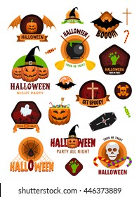 Set of Halloween celebration badges, labels and logos with pumpkins, skulls, crosses, ghosts, zombies, coffins, bats and candies