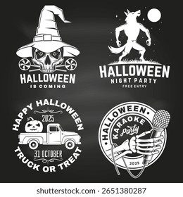 Set of Halloween celebration collection on the chalkboard. Halloween party retro templates, badges, seals, patches. Concept for shirt or logo, print, stamp. Vector